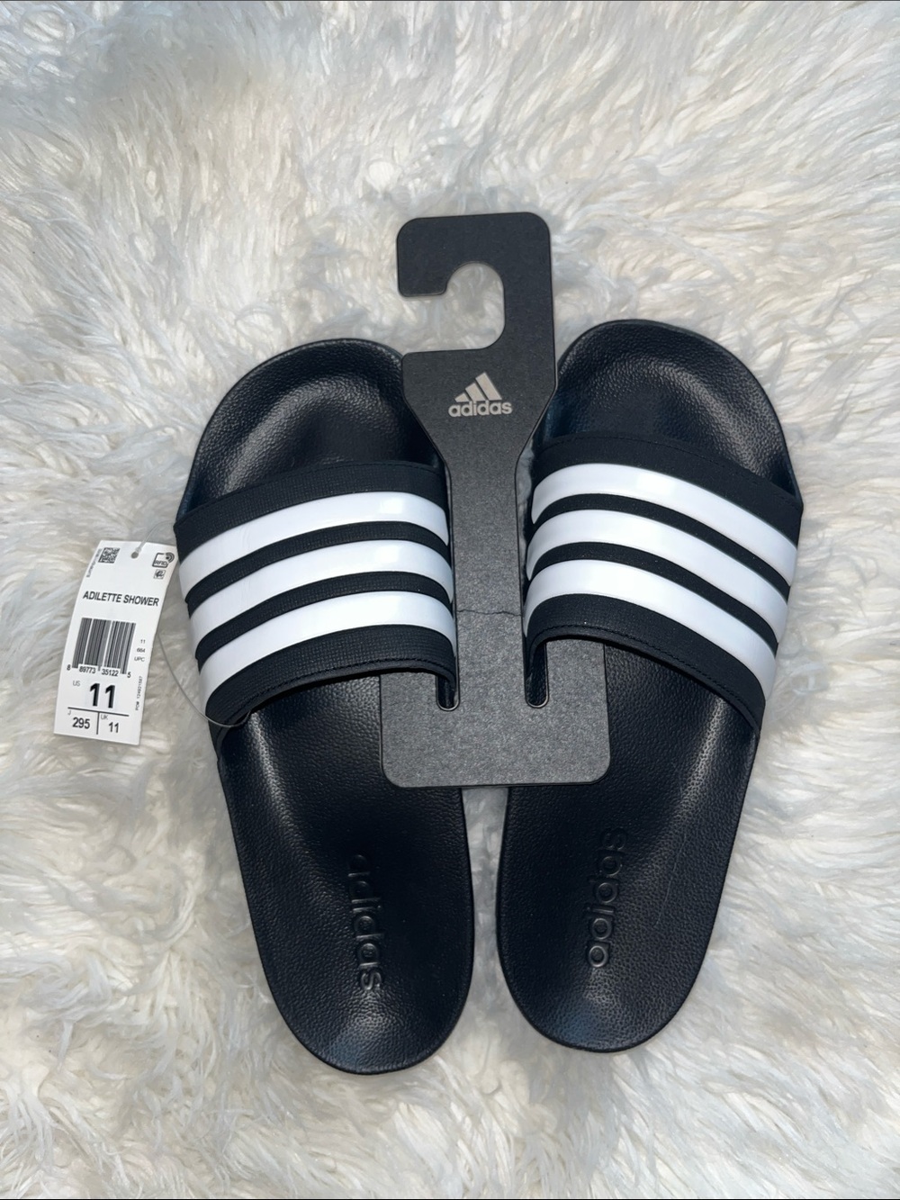 adidas Black Slides with White Stripes